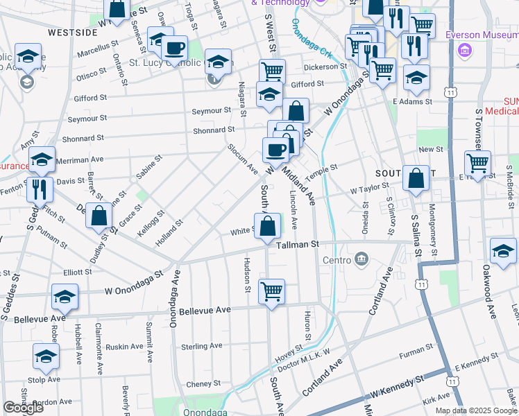 map of restaurants, bars, coffee shops, grocery stores, and more near 144 South Avenue in Syracuse
