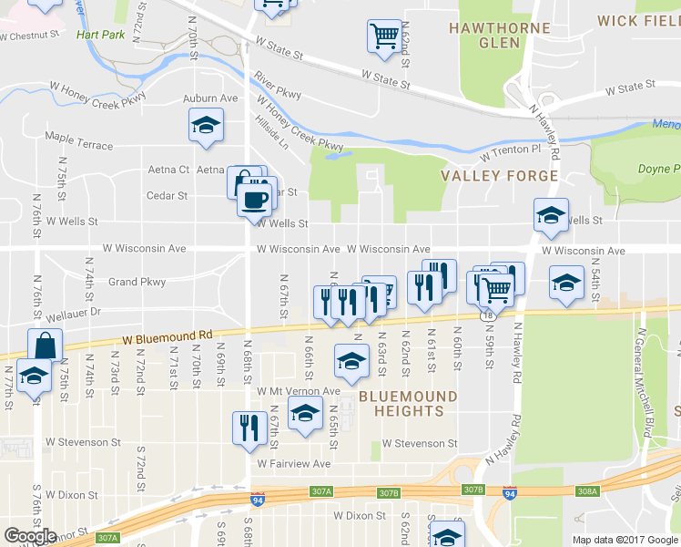 map of restaurants, bars, coffee shops, grocery stores, and more near 612 North 65th Street in Wauwatosa