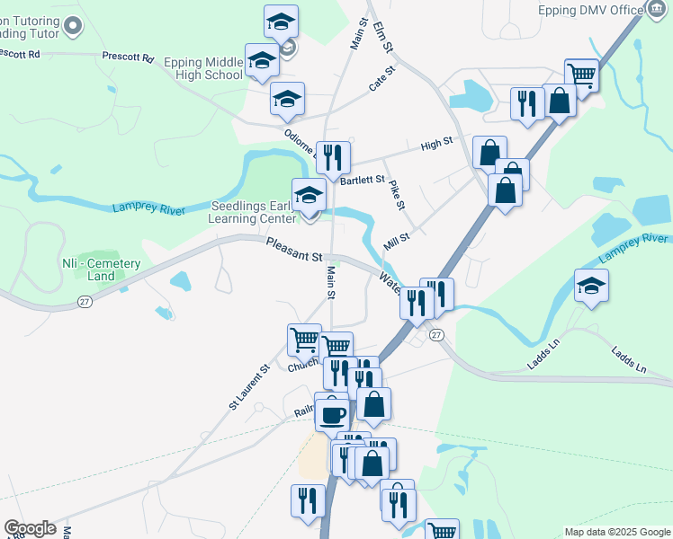 map of restaurants, bars, coffee shops, grocery stores, and more near 133 Main Street in Epping