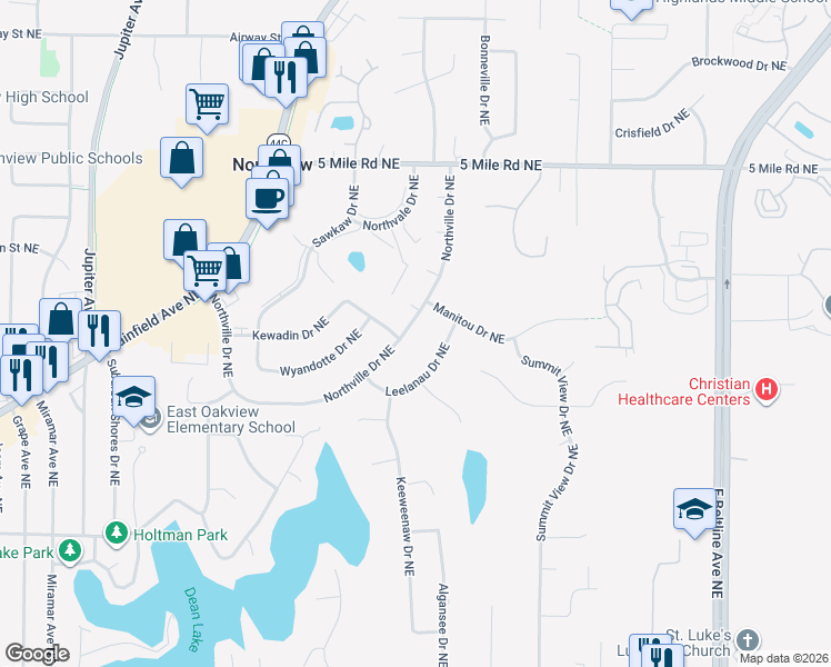 map of restaurants, bars, coffee shops, grocery stores, and more near 2806 Northville Drive Northeast in Grand Rapids