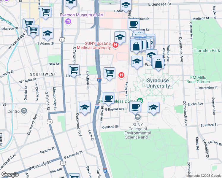 map of restaurants, bars, coffee shops, grocery stores, and more near 401 Van Buren Street in Syracuse