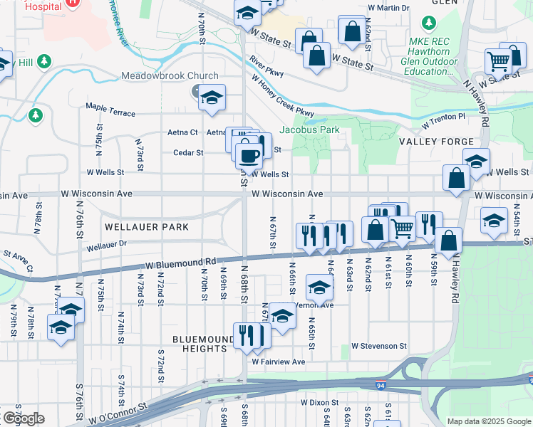 map of restaurants, bars, coffee shops, grocery stores, and more near 609 North 67th Street in Wauwatosa