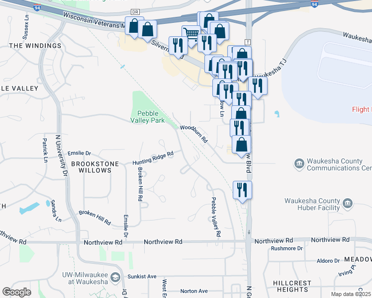 map of restaurants, bars, coffee shops, grocery stores, and more near 2437 Pebble Valley Road in Waukesha