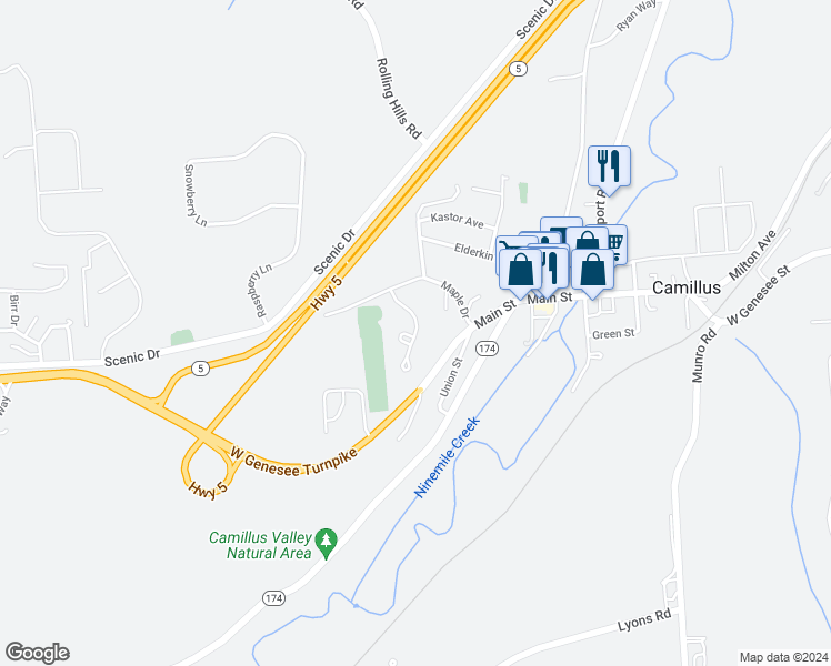 map of restaurants, bars, coffee shops, grocery stores, and more near 501 Timber Ridge Drive in Camillus