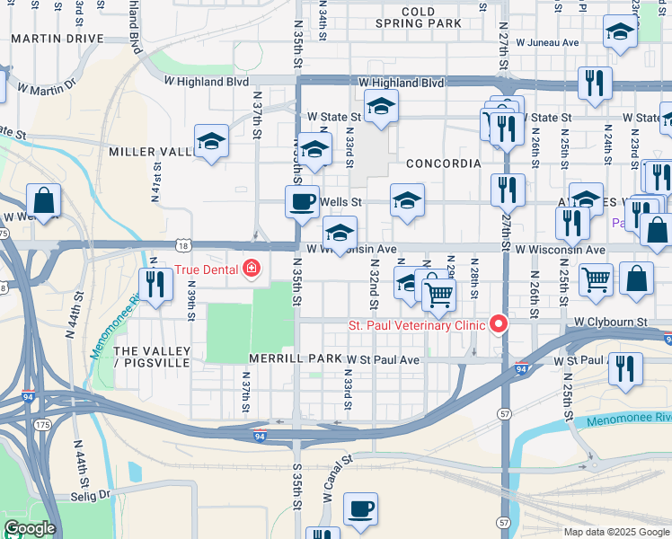 map of restaurants, bars, coffee shops, grocery stores, and more near 3306 West Michigan Street in Milwaukee