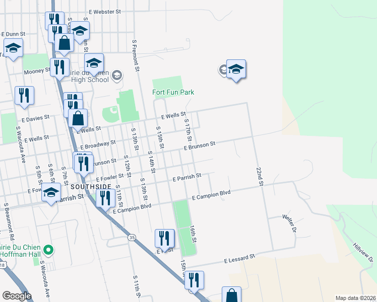 map of restaurants, bars, coffee shops, grocery stores, and more near 1203 South 17th Street in Prairie du Chien