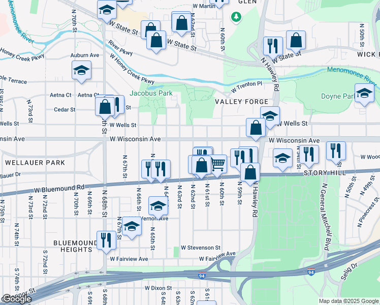 map of restaurants, bars, coffee shops, grocery stores, and more near 611 North 62nd Street in Wauwatosa