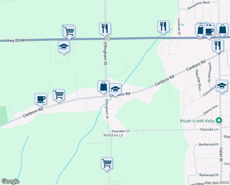 map of restaurants, bars, coffee shops, grocery stores, and more near 285 Canboro Road in Pelham