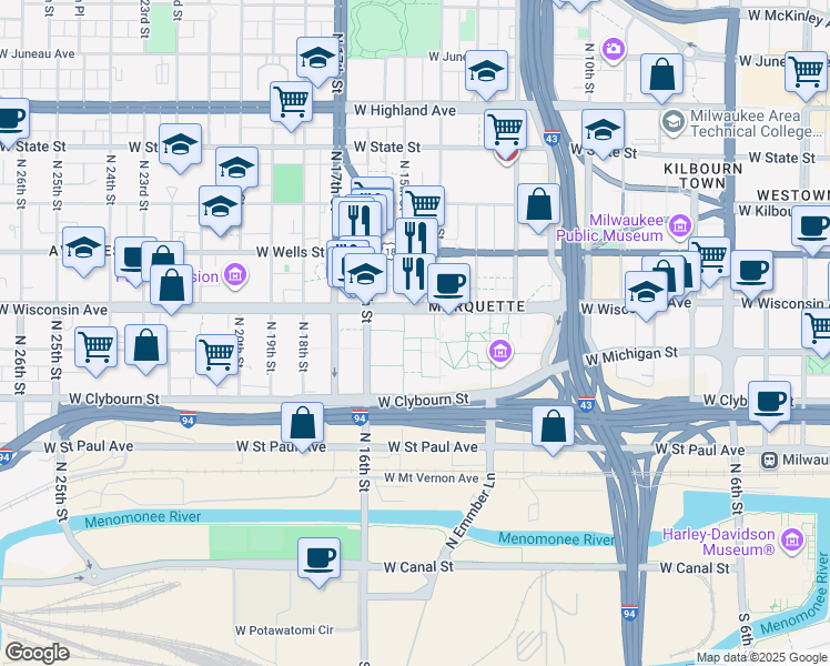 map of restaurants, bars, coffee shops, grocery stores, and more near 1441 West Wisconsin Avenue in Milwaukee