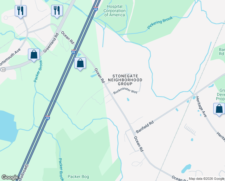 map of restaurants, bars, coffee shops, grocery stores, and more near 5 Buckminster Way in Portsmouth