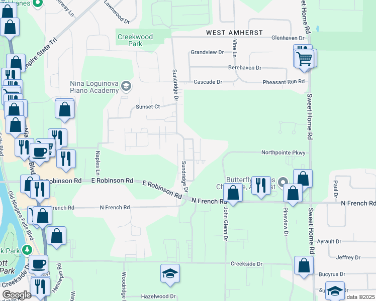 map of restaurants, bars, coffee shops, grocery stores, and more near 105 Sundridge Drive in Buffalo