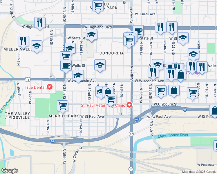 map of restaurants, bars, coffee shops, grocery stores, and more near 618 North 30th Street in Milwaukee
