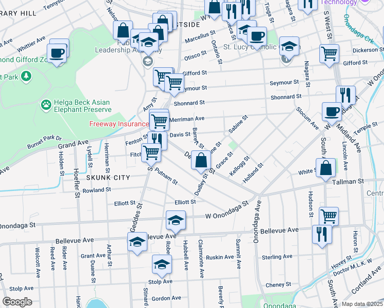 map of restaurants, bars, coffee shops, grocery stores, and more near 522 Delaware Street in Syracuse