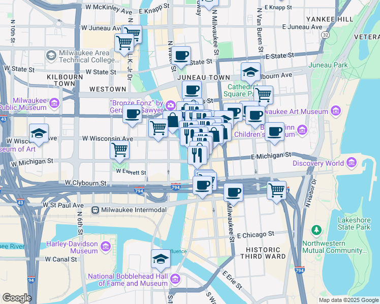 map of restaurants, bars, coffee shops, grocery stores, and more near 100 East Wisconsin Avenue in Milwaukee