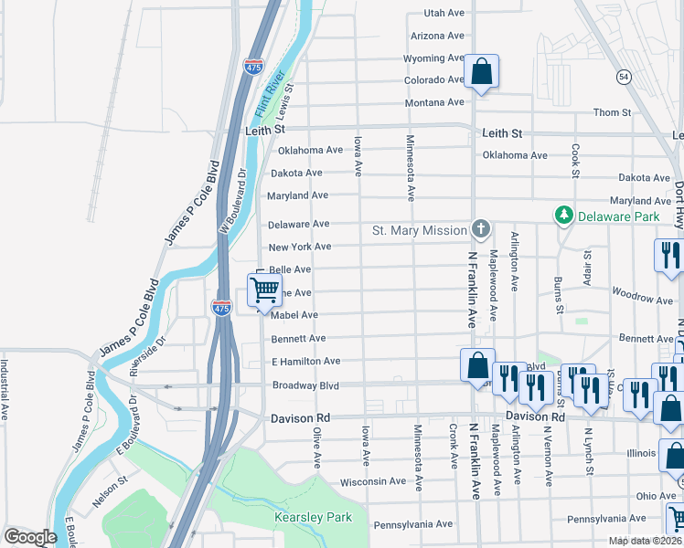 map of restaurants, bars, coffee shops, grocery stores, and more near 1534 Belle Avenue in Flint