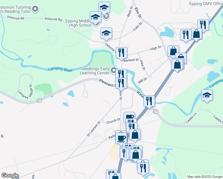map of restaurants, bars, coffee shops, grocery stores, and more near 10 Pleasant Street in Epping