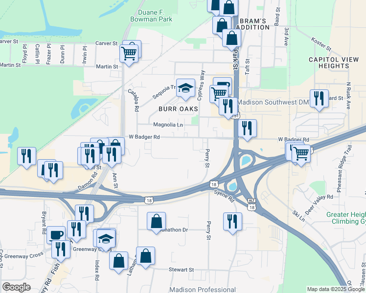 map of restaurants, bars, coffee shops, grocery stores, and more near 2414 Parker Place in Madison