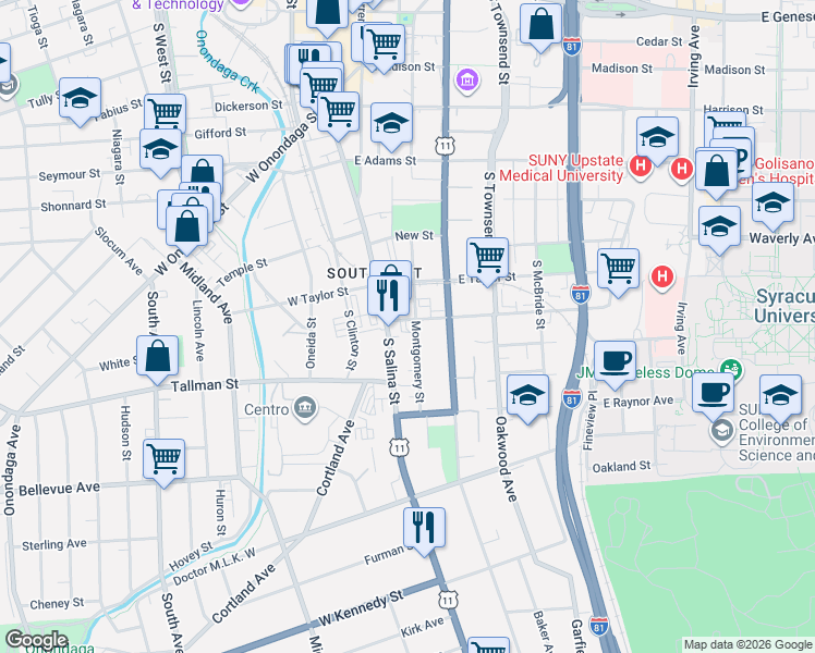 map of restaurants, bars, coffee shops, grocery stores, and more near 110 Burt Street in Syracuse