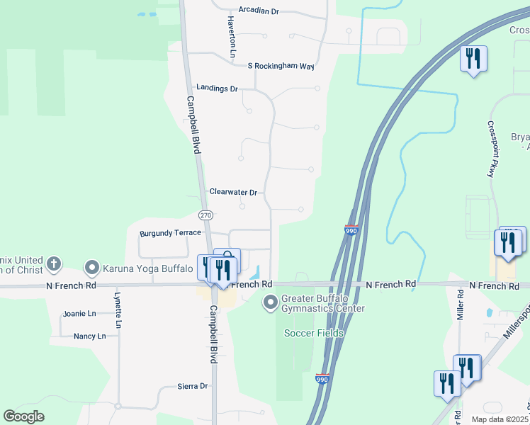 map of restaurants, bars, coffee shops, grocery stores, and more near 122 Landings Drive in Buffalo