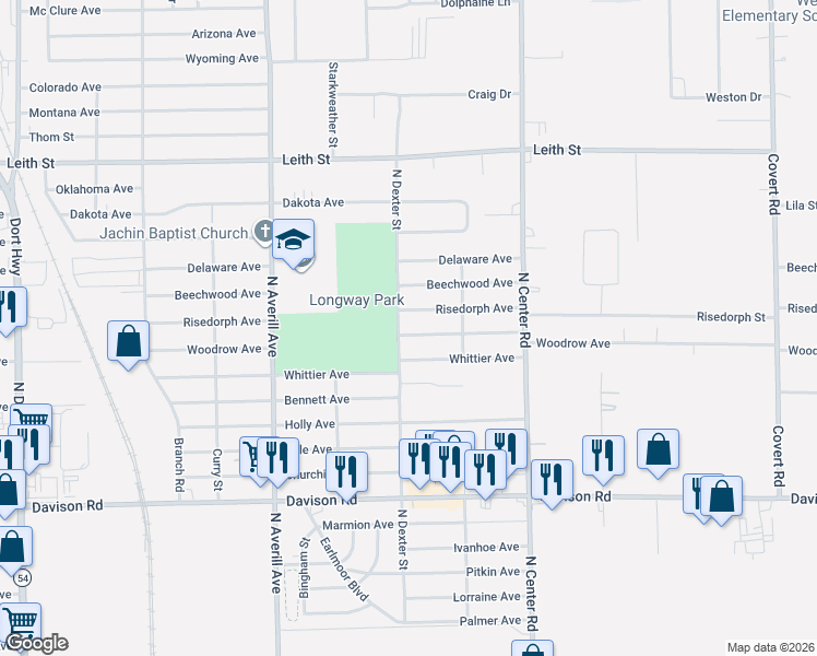 map of restaurants, bars, coffee shops, grocery stores, and more near 3705 Woodrow Avenue in Flint