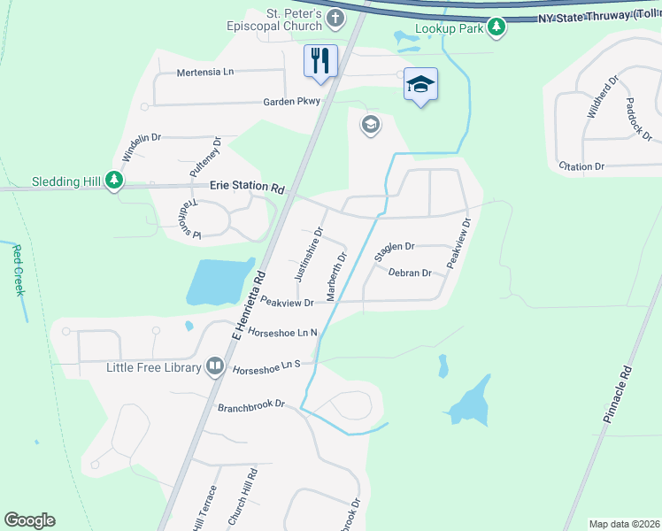 map of restaurants, bars, coffee shops, grocery stores, and more near 13 Marberth Drive in Henrietta