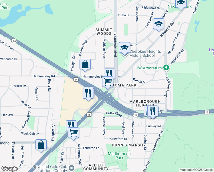 map of restaurants, bars, coffee shops, grocery stores, and more near 1328 South Midvale Boulevard in Madison