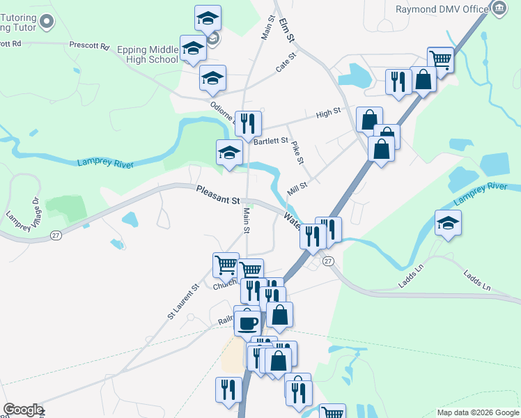 map of restaurants, bars, coffee shops, grocery stores, and more near 133 Main Street in Epping