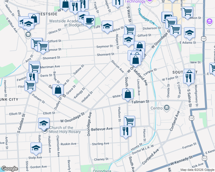 map of restaurants, bars, coffee shops, grocery stores, and more near 233-35 Holland Street in Syracuse
