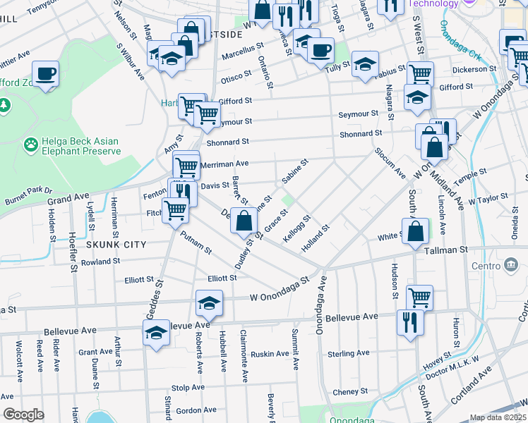 map of restaurants, bars, coffee shops, grocery stores, and more near 221 Sabine Street in Syracuse
