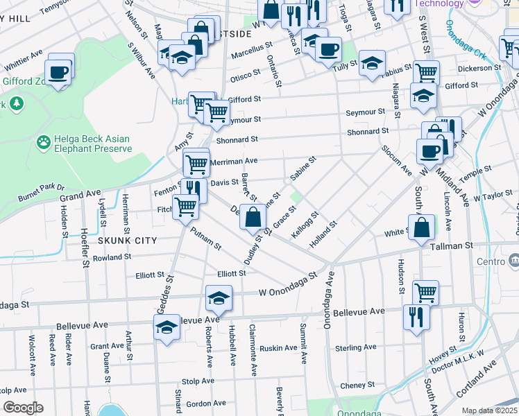 map of restaurants, bars, coffee shops, grocery stores, and more near 221 Sabine Street in Syracuse