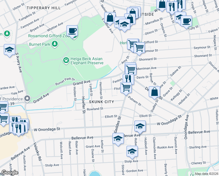 map of restaurants, bars, coffee shops, grocery stores, and more near 204-06 Cadwell Street in Syracuse