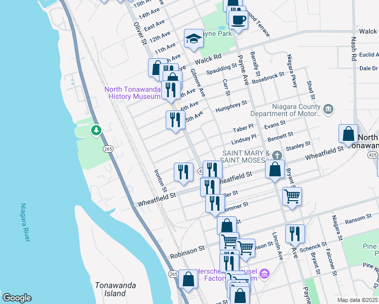 map of restaurants, bars, coffee shops, grocery stores, and more near 580 Oliver Street in North Tonawanda