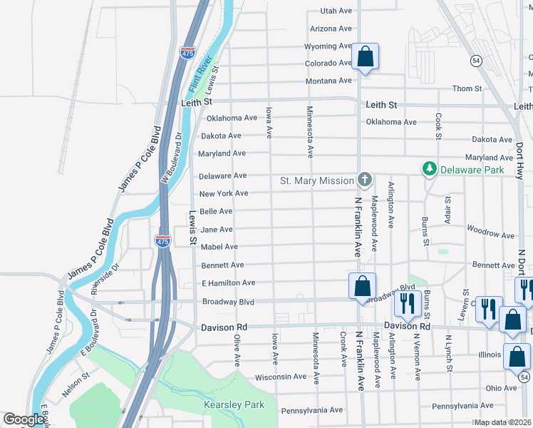 map of restaurants, bars, coffee shops, grocery stores, and more near 1534 Belle Avenue in Flint