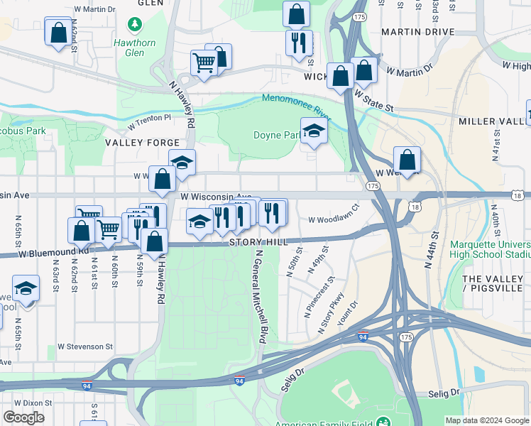 map of restaurants, bars, coffee shops, grocery stores, and more near 615 North 51st Street in Milwaukee