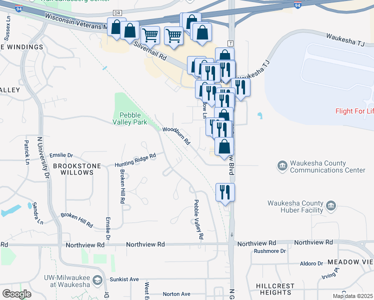 map of restaurants, bars, coffee shops, grocery stores, and more near 2005 Woodburn Road in Waukesha