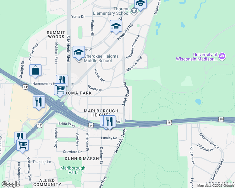 map of restaurants, bars, coffee shops, grocery stores, and more near 4222 Mohawk Drive in Madison