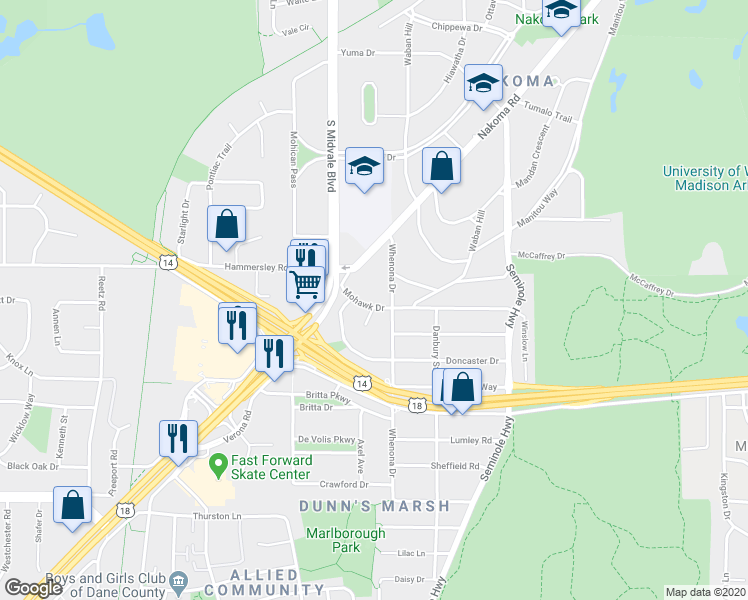 map of restaurants, bars, coffee shops, grocery stores, and more near 4310 Mohawk Drive in Madison
