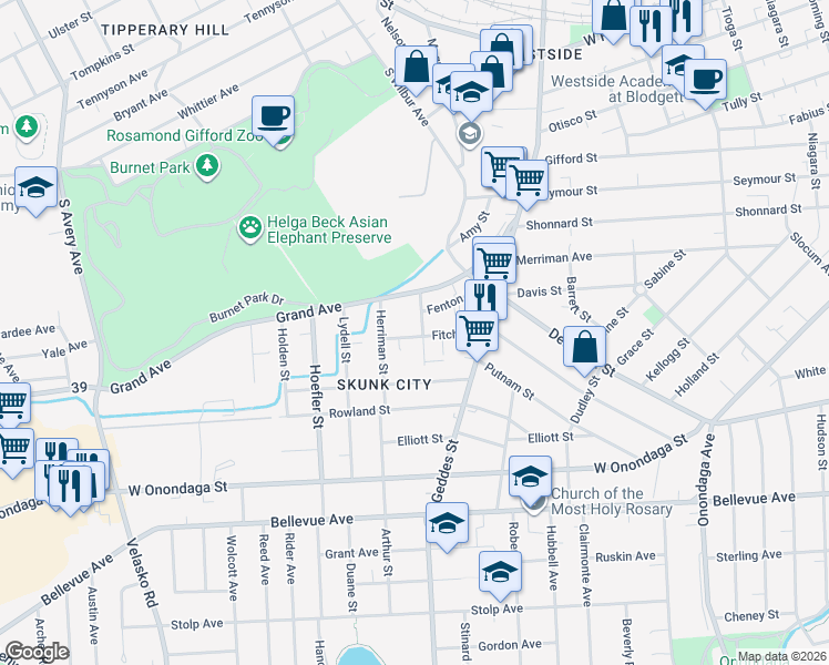 map of restaurants, bars, coffee shops, grocery stores, and more near 204-06 Cadwell Street in Syracuse
