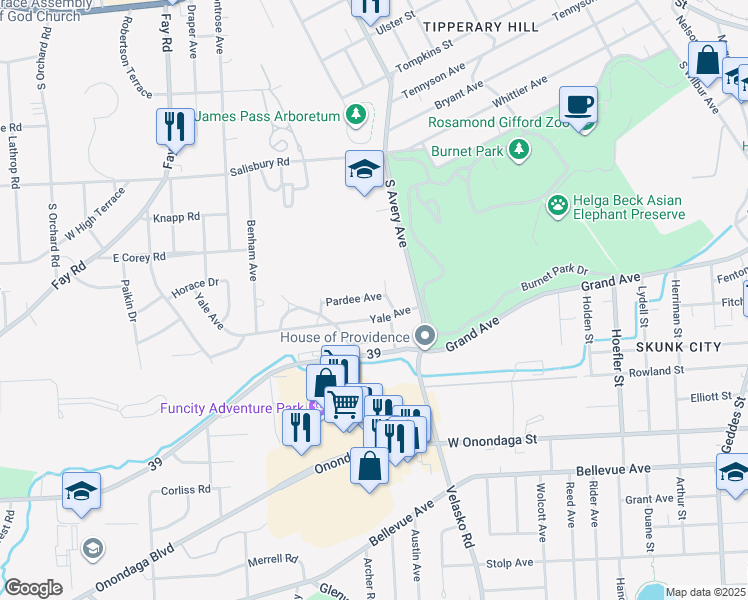 map of restaurants, bars, coffee shops, grocery stores, and more near 105 Pardee Avenue in Syracuse