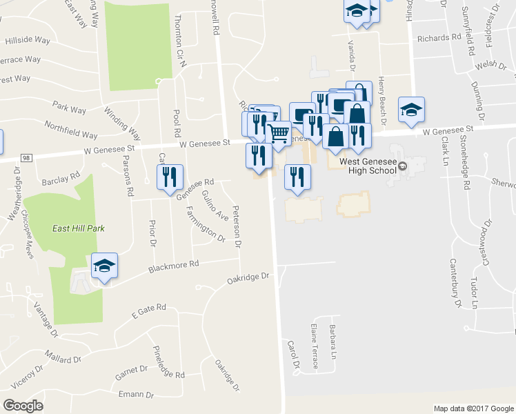 map of restaurants, bars, coffee shops, grocery stores, and more near 206 Kasson Road in Camillus