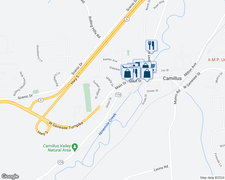 map of restaurants, bars, coffee shops, grocery stores, and more near 2 Union Street in Camillus
