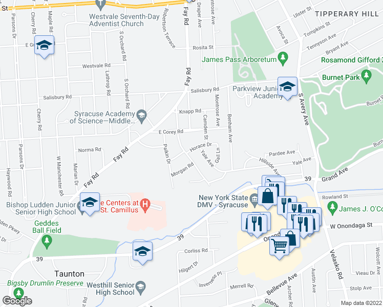 map of restaurants, bars, coffee shops, grocery stores, and more near 401 Chester Rd in Syracuse