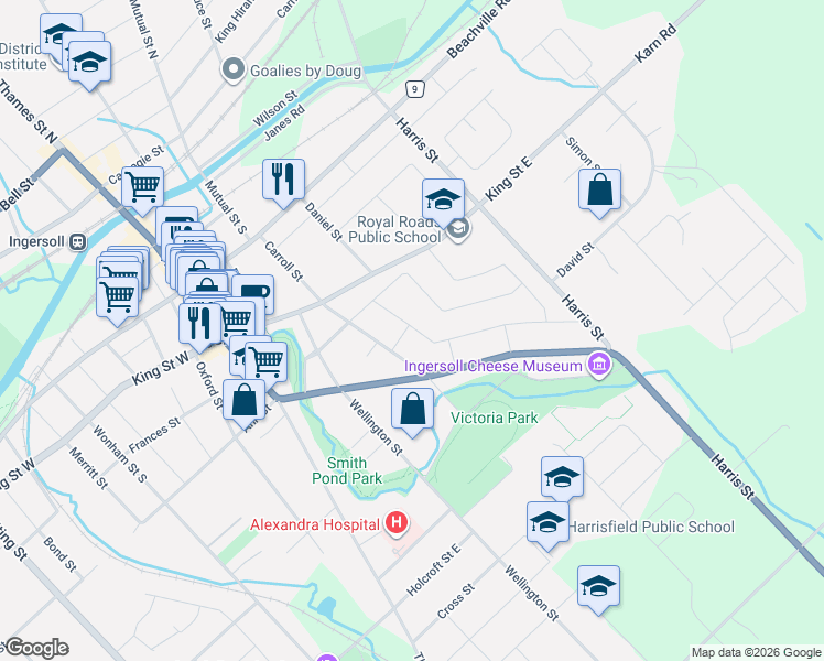 map of restaurants, bars, coffee shops, grocery stores, and more near 268 Tunis Street in Ingersoll