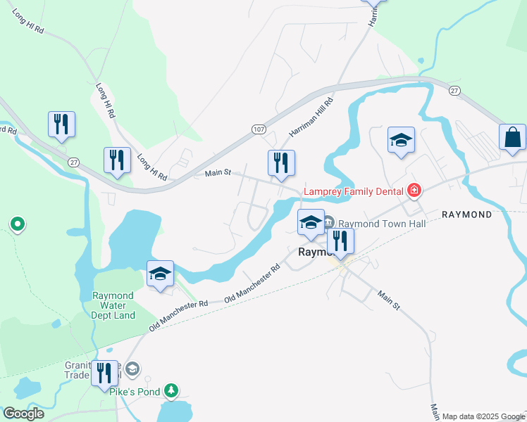 map of restaurants, bars, coffee shops, grocery stores, and more near 5 Cote Circle in Raymond