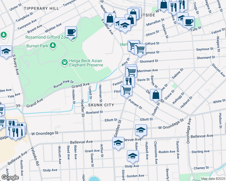 map of restaurants, bars, coffee shops, grocery stores, and more near 205 Cadwell Street in Syracuse