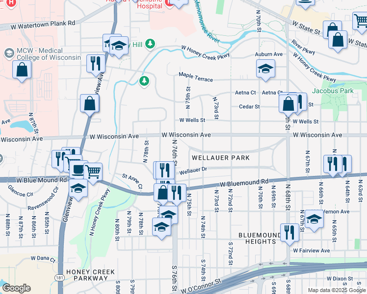 map of restaurants, bars, coffee shops, grocery stores, and more near 7511 Grand Parkway in Wauwatosa