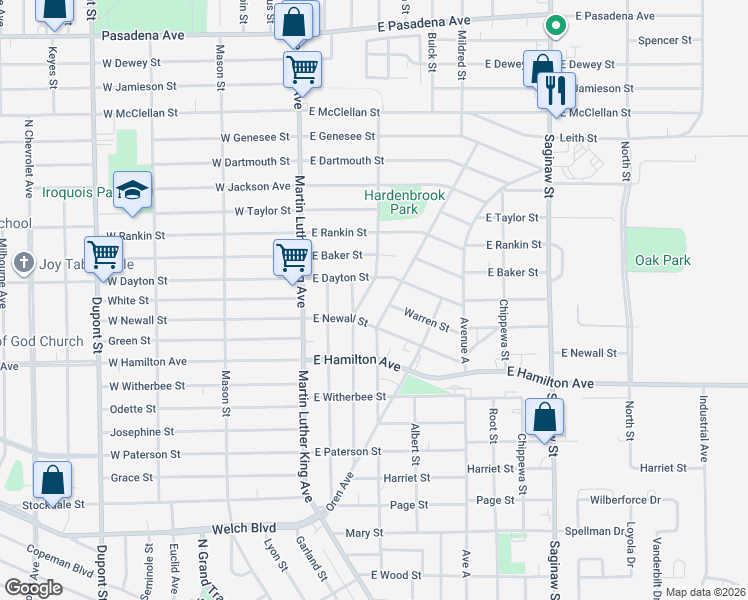 map of restaurants, bars, coffee shops, grocery stores, and more near 2320 Alexander Street in Flint