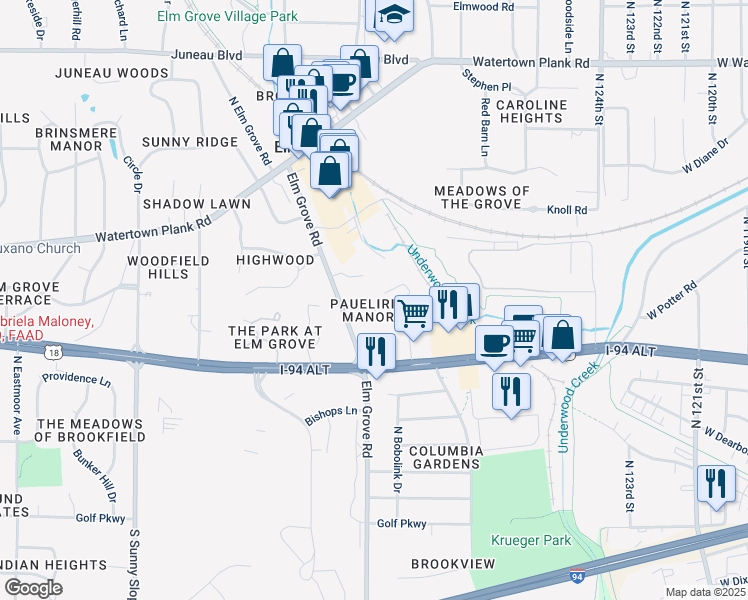 map of restaurants, bars, coffee shops, grocery stores, and more near 640 Dunleith Circle in Elm Grove