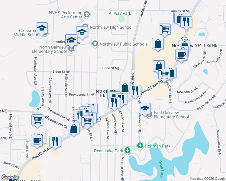map of restaurants, bars, coffee shops, grocery stores, and more near 4108 Northgate Drive Northeast in Grand Rapids
