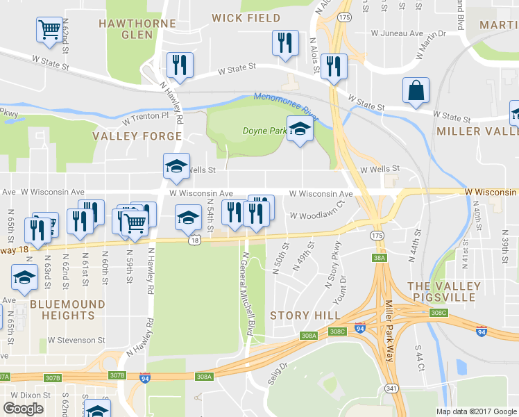 map of restaurants, bars, coffee shops, grocery stores, and more near 615 North 51st Street in Milwaukee